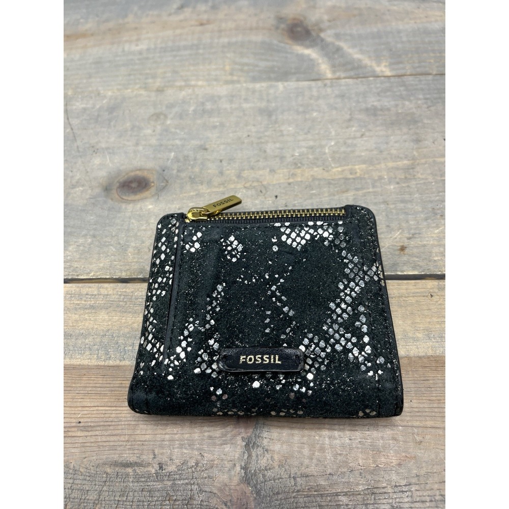 Fossil Logan RFID Snap Small Black Snakeskin Print Leather Wallet
